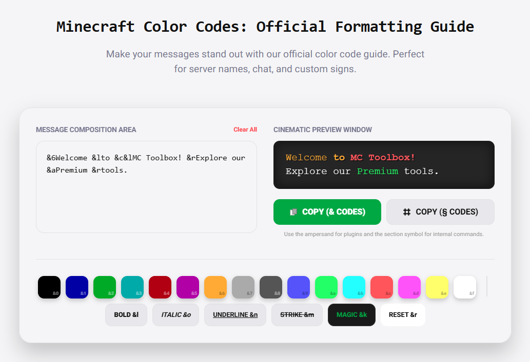 Minecraft color code palette with gradient preview and formatting controls