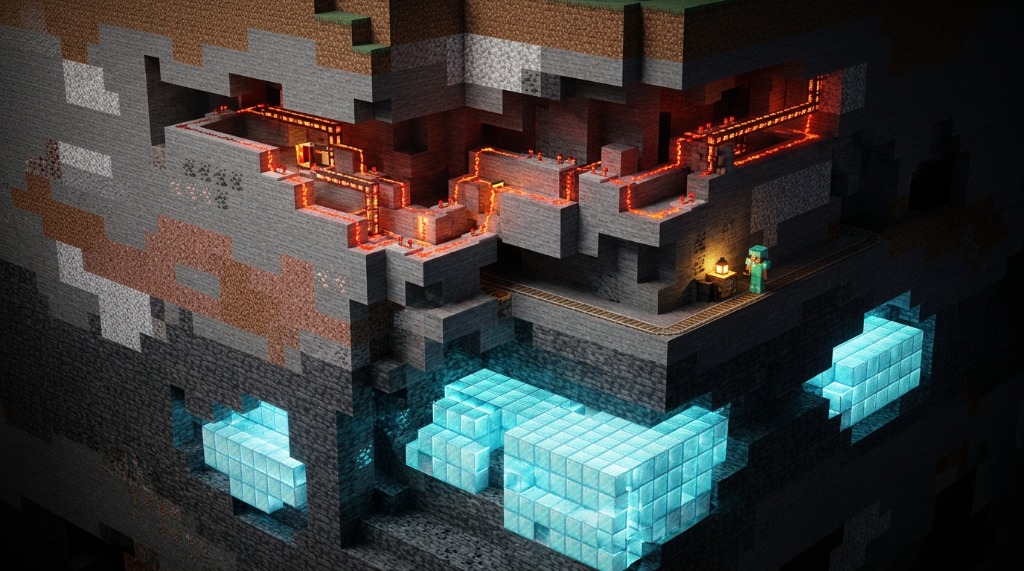 3D Minecraft cavern cross-section showing Zstd storage blocks